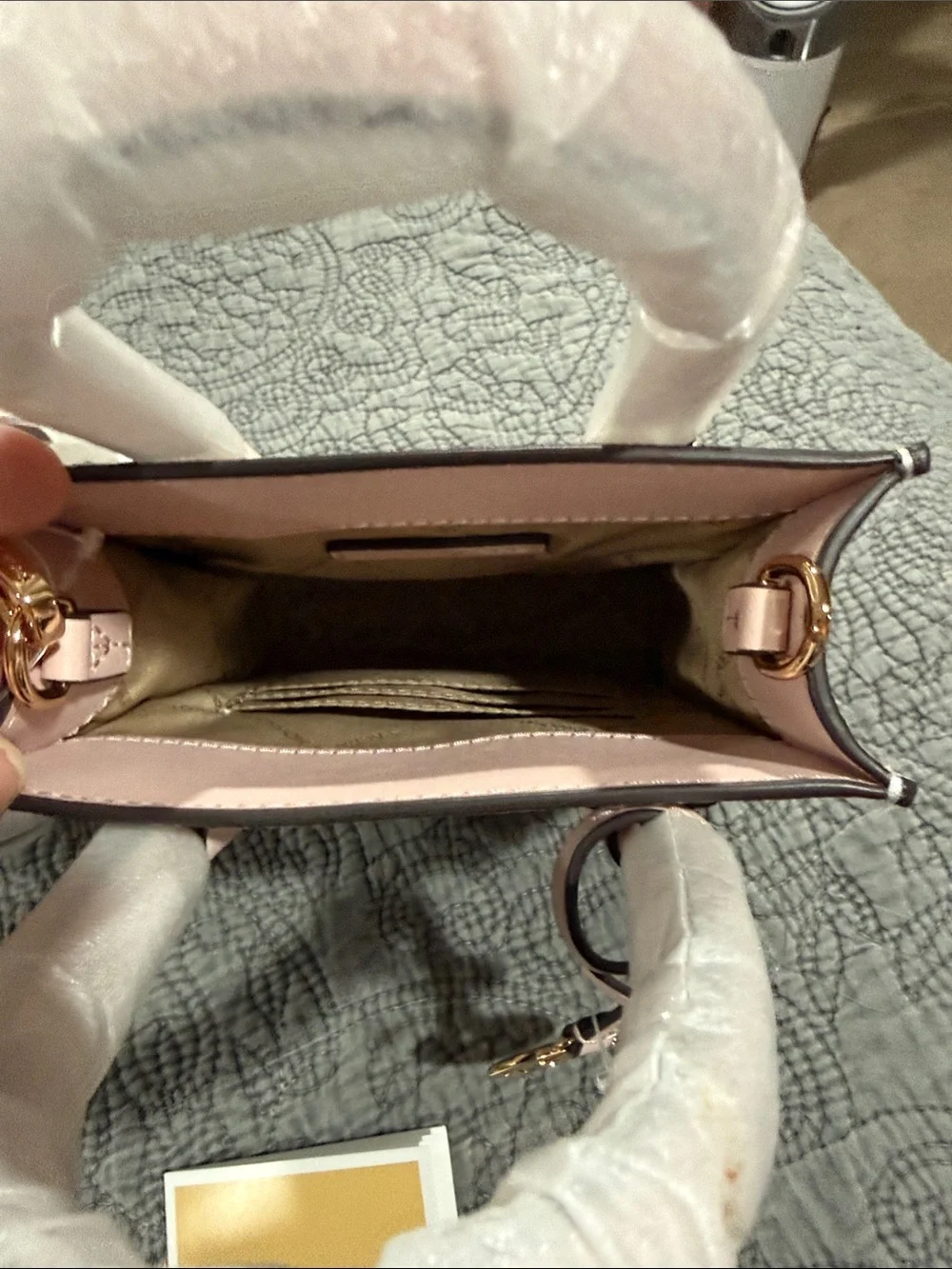 NWT Michael Kors Mercer Cream Monogram Mini Tote with Powdered Blush Trim